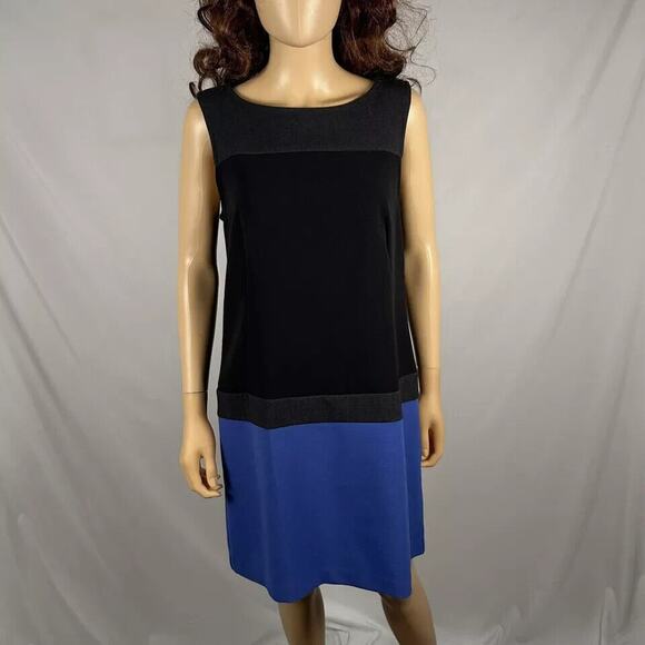 LOFT Black Blue Color Block Sleeveles Midi Shift Dress 10 Medium Business Casual - Picture 1 of 4